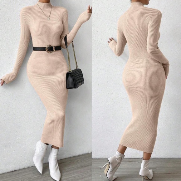 Sexy mock neck ribbed long sleeve bodycon fitted maxi sweater dress - Picture 4 of 16